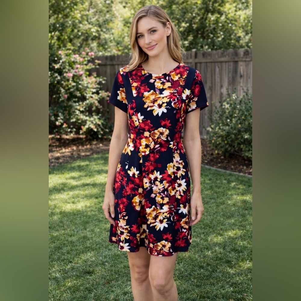 AGB A Line Dress 16 Floral Ring Short Sleeve Stretch Career Church NWT NEW
